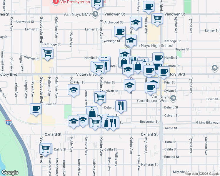 map of restaurants, bars, coffee shops, grocery stores, and more near 14823 Sylvan Street in Los Angeles