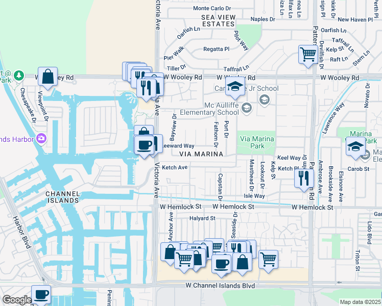 map of restaurants, bars, coffee shops, grocery stores, and more near 3621 Keel Ave in Oxnard
