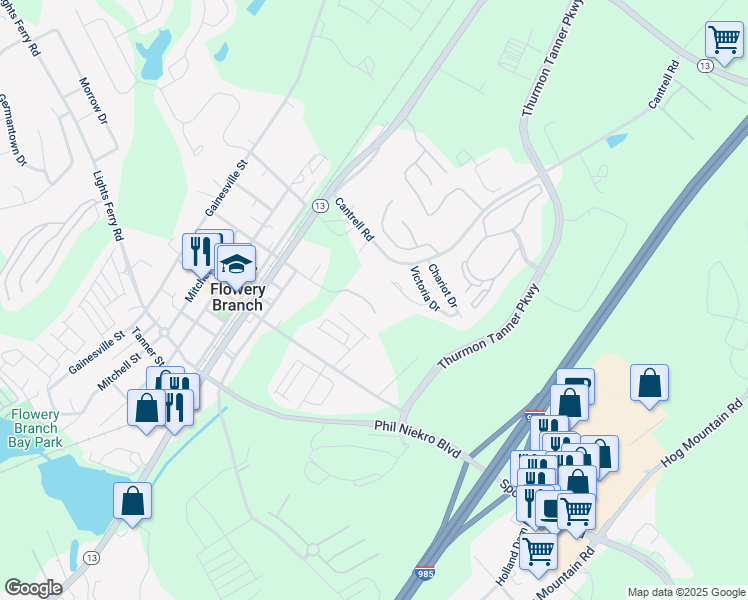 map of restaurants, bars, coffee shops, grocery stores, and more near 5161 Spring Street in Flowery Branch