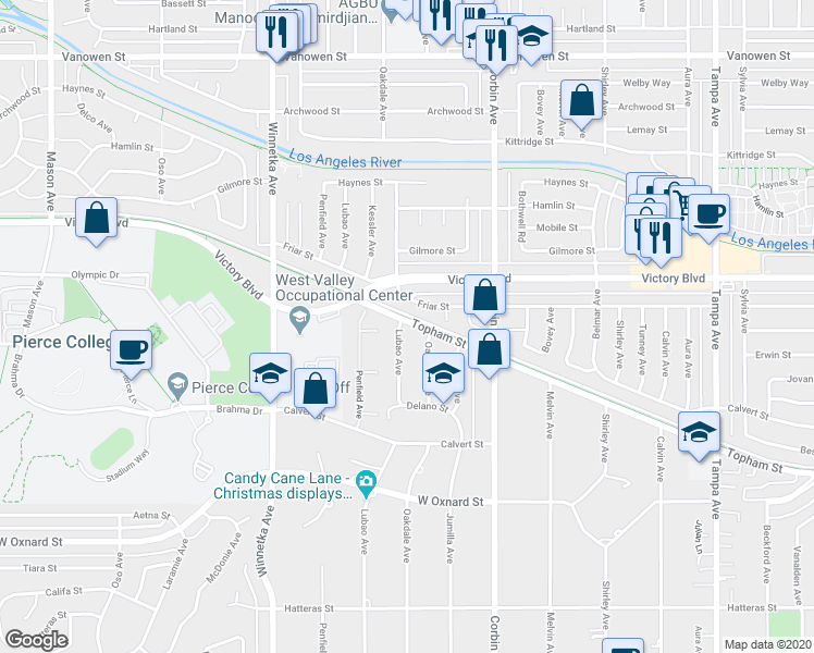 map of restaurants, bars, coffee shops, grocery stores, and more near 6292 Lubao Avenue in Los Angeles