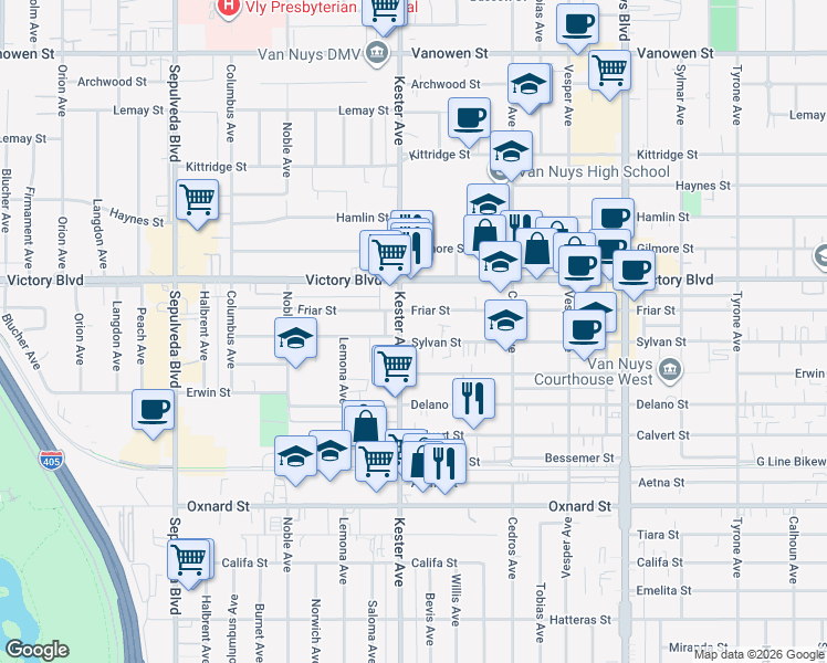 map of restaurants, bars, coffee shops, grocery stores, and more near 14841 Sylvan Street in Los Angeles