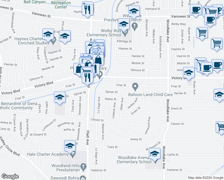 map of restaurants, bars, coffee shops, grocery stores, and more near 23507 Sylvan Street in Los Angeles