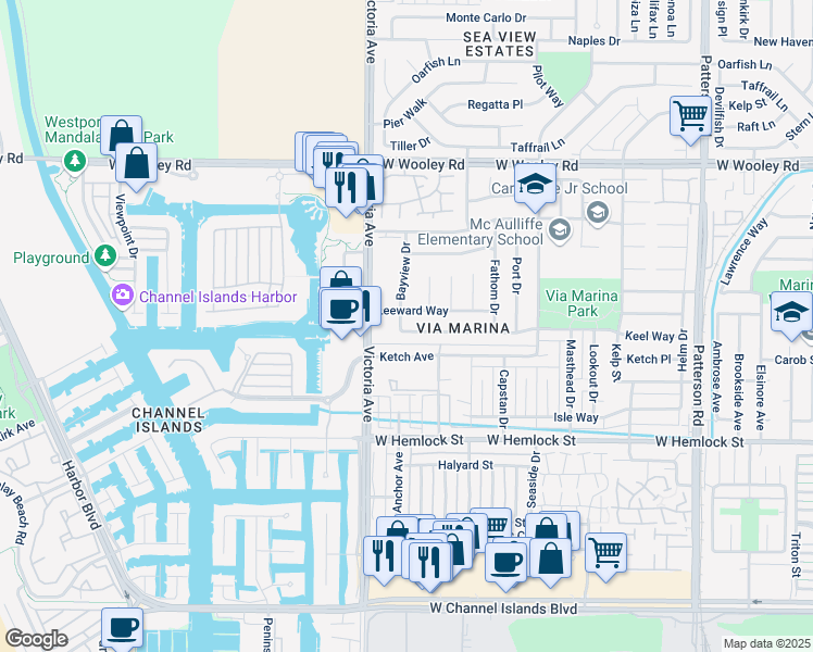 map of restaurants, bars, coffee shops, grocery stores, and more near 3665 Keel Avenue in Oxnard