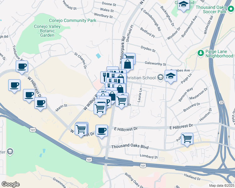 map of restaurants, bars, coffee shops, grocery stores, and more near 484 N Moorpark Rd in Thousand Oaks