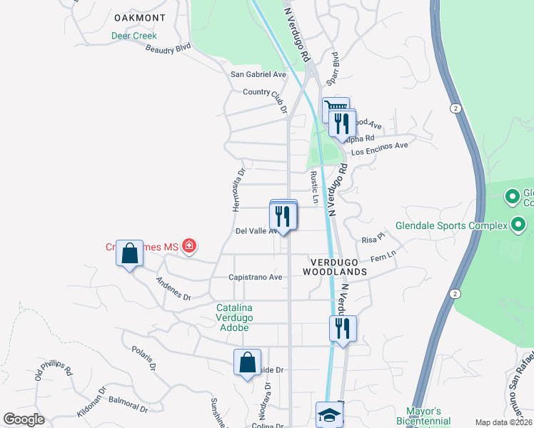 map of restaurants, bars, coffee shops, grocery stores, and more near 1648 Don Carlos Avenue in Glendale
