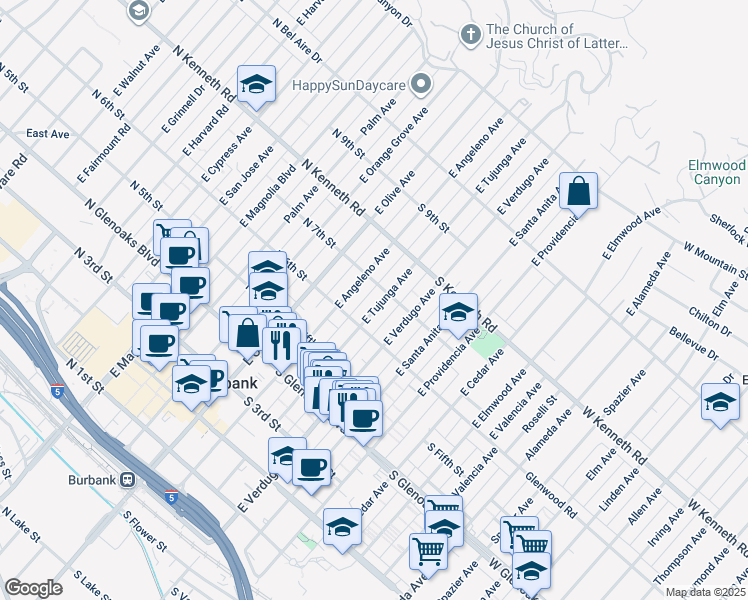 map of restaurants, bars, coffee shops, grocery stores, and more near 638 East Tujunga Avenue in Burbank