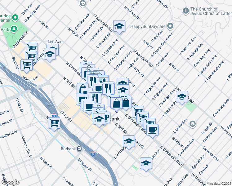 map of restaurants, bars, coffee shops, grocery stores, and more near 475 East Orange Grove Avenue in Burbank