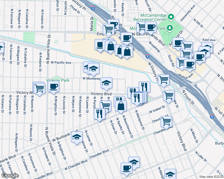 map of restaurants, bars, coffee shops, grocery stores, and more near 1210 North Reese Place in Burbank