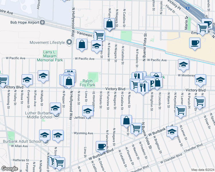map of restaurants, bars, coffee shops, grocery stores, and more near 3007 West Victory Boulevard in Burbank
