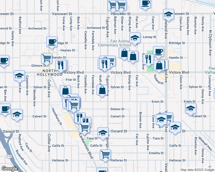 map of restaurants, bars, coffee shops, grocery stores, and more near 11351 Sylvan Street in Los Angeles