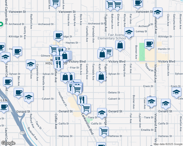 map of restaurants, bars, coffee shops, grocery stores, and more near 6301 Farmdale Avenue in Los Angeles