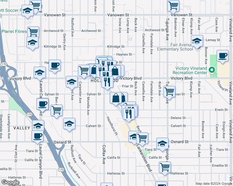 map of restaurants, bars, coffee shops, grocery stores, and more near 6300 Lankershim Boulevard in Los Angeles