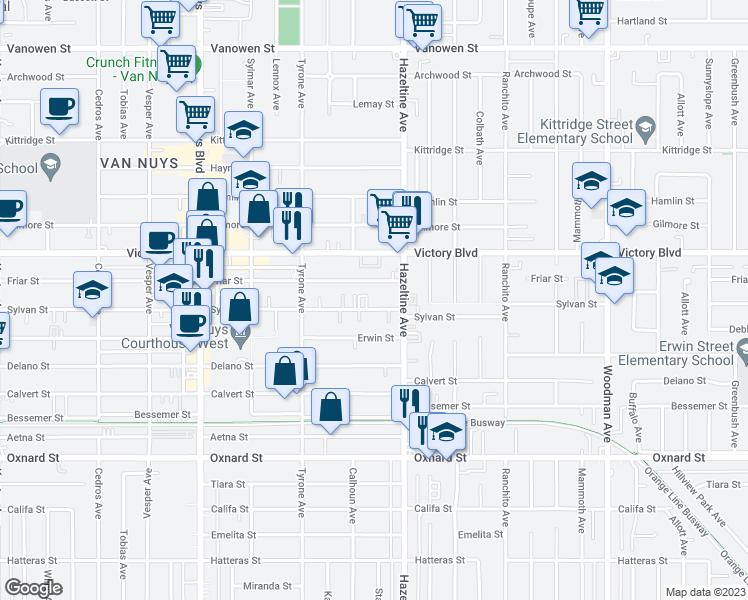map of restaurants, bars, coffee shops, grocery stores, and more near 14143 Sylvan Street in Los Angeles