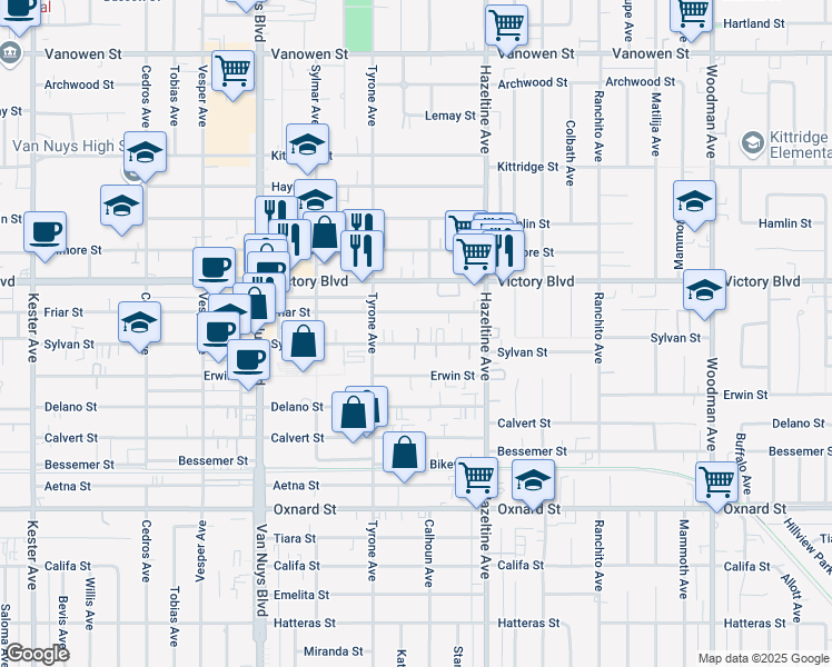 map of restaurants, bars, coffee shops, grocery stores, and more near 14225 Sylvan Street in Los Angeles