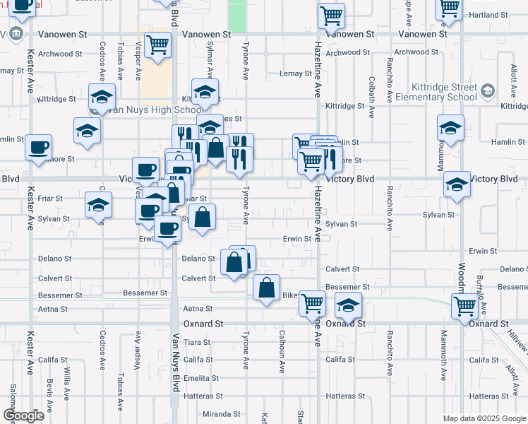 map of restaurants, bars, coffee shops, grocery stores, and more near 14225 Sylvan Street in Los Angeles