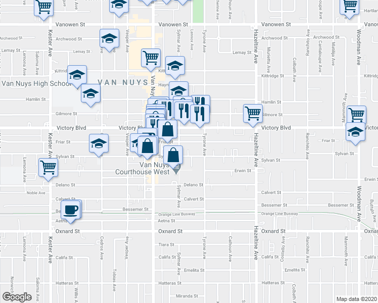 map of restaurants, bars, coffee shops, grocery stores, and more near 14347 Sylvan Street in Los Angeles