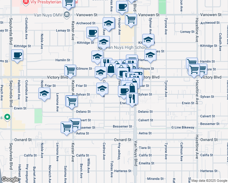 map of restaurants, bars, coffee shops, grocery stores, and more near 14633 Sylvan Street in Los Angeles