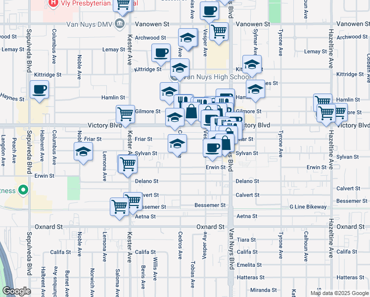map of restaurants, bars, coffee shops, grocery stores, and more near 14633 Sylvan Street in Los Angeles