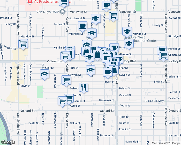 map of restaurants, bars, coffee shops, grocery stores, and more near 14707 Sylvan Street in Los Angeles