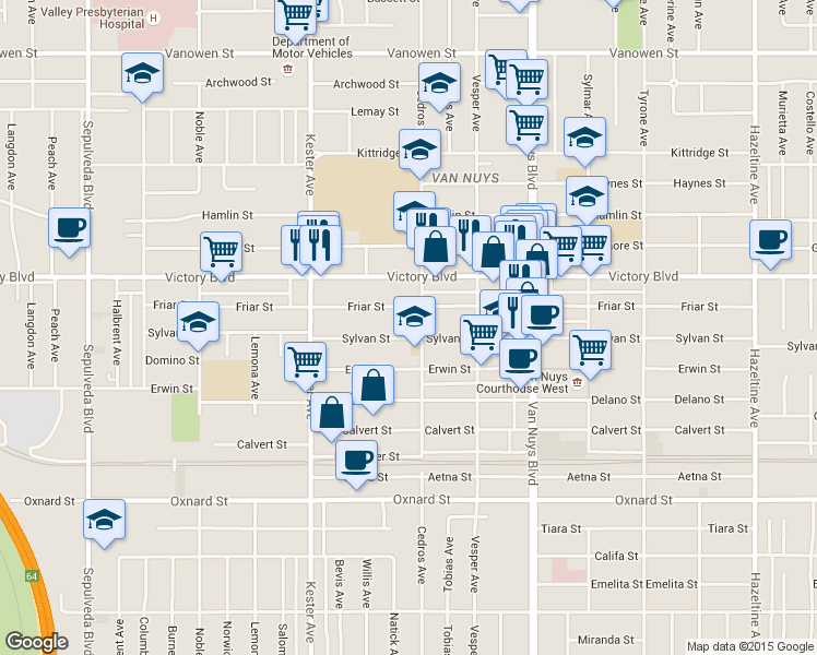 map of restaurants, bars, coffee shops, grocery stores, and more near 14707 Sylvan Street in Los Angeles