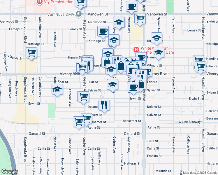 map of restaurants, bars, coffee shops, grocery stores, and more near 14707 Sylvan Street in Los Angeles