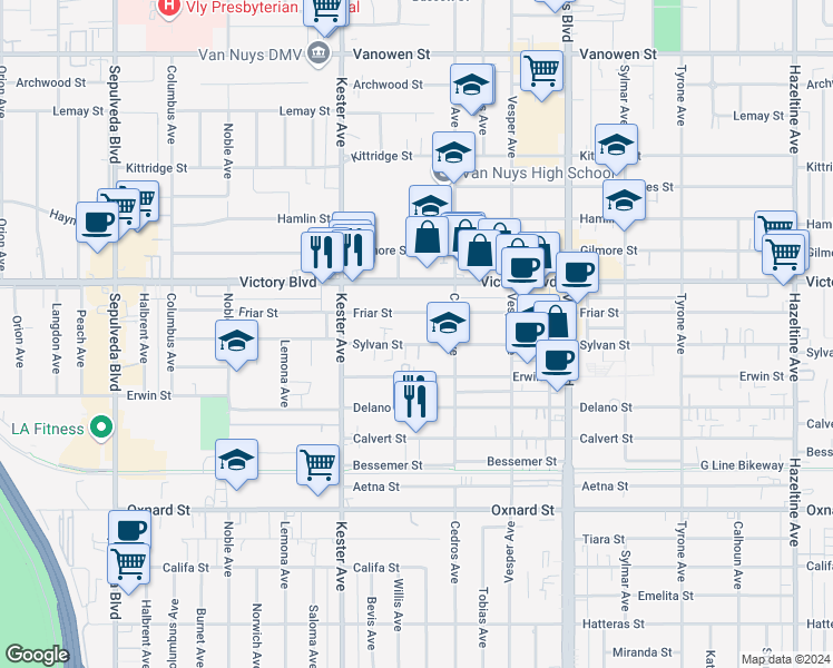 map of restaurants, bars, coffee shops, grocery stores, and more near 14753 Sylvan Street in Los Angeles