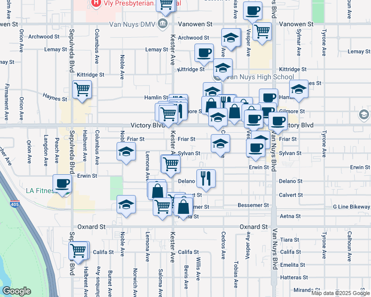 map of restaurants, bars, coffee shops, grocery stores, and more near 14829 Sylvan Street in Los Angeles