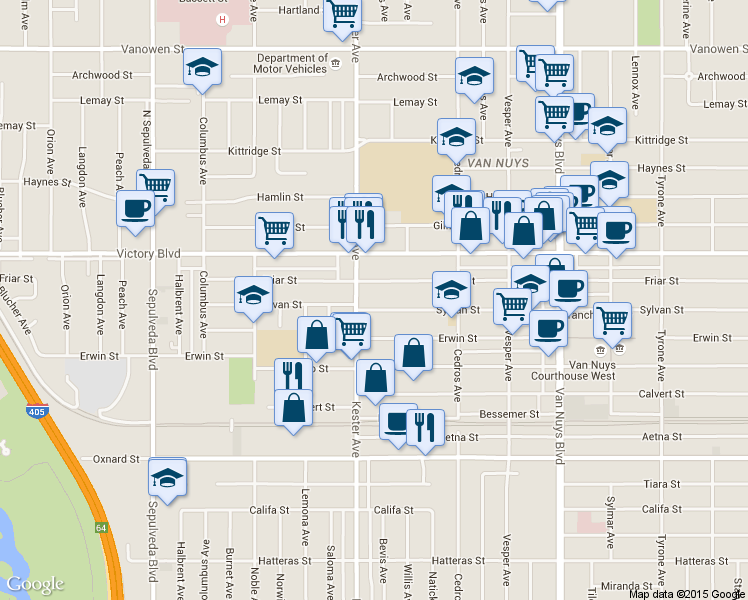 map of restaurants, bars, coffee shops, grocery stores, and more near 14829 Sylvan Street in Los Angeles