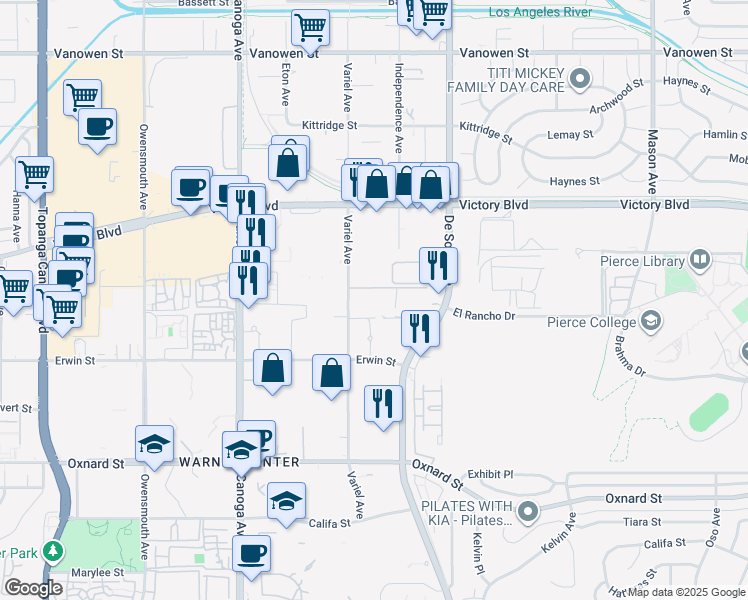 map of restaurants, bars, coffee shops, grocery stores, and more near 6300 Variel Avenue in Los Angeles