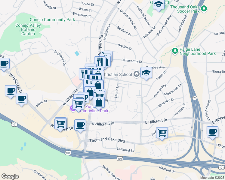 map of restaurants, bars, coffee shops, grocery stores, and more near 580 Laurie Lane in Thousand Oaks