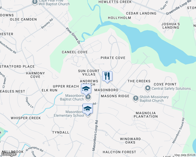 map of restaurants, bars, coffee shops, grocery stores, and more near 5405 Andrews Reach Loop in Wilmington