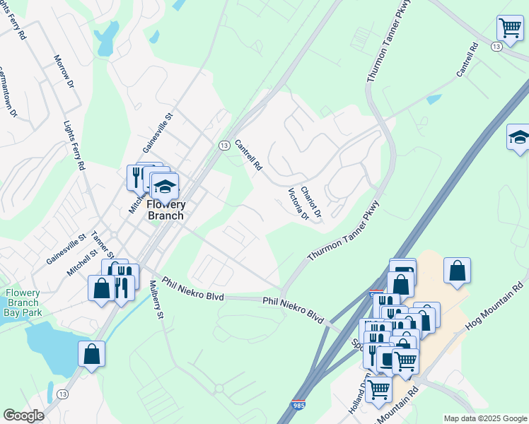 map of restaurants, bars, coffee shops, grocery stores, and more near 5161 Spring Street in Flowery Branch