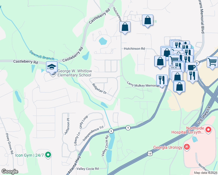 map of restaurants, bars, coffee shops, grocery stores, and more near 4609 Whitfaire Court in Cumming