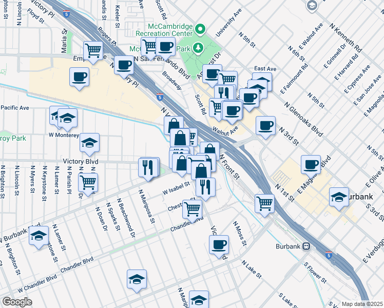 map of restaurants, bars, coffee shops, grocery stores, and more near 107 West Burbank Boulevard in Burbank