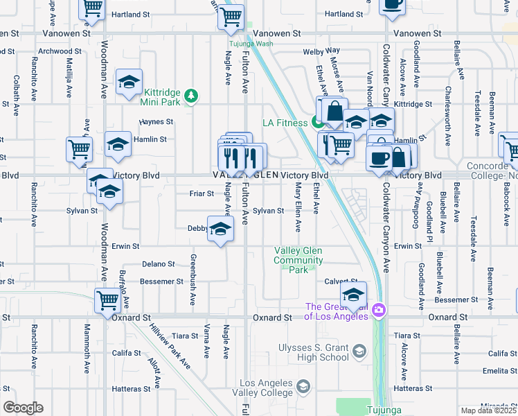 map of restaurants, bars, coffee shops, grocery stores, and more near 6303 Longridge Avenue in Los Angeles