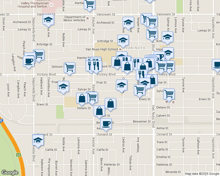 map of restaurants, bars, coffee shops, grocery stores, and more near 14757 Sylvan Street in Los Angeles