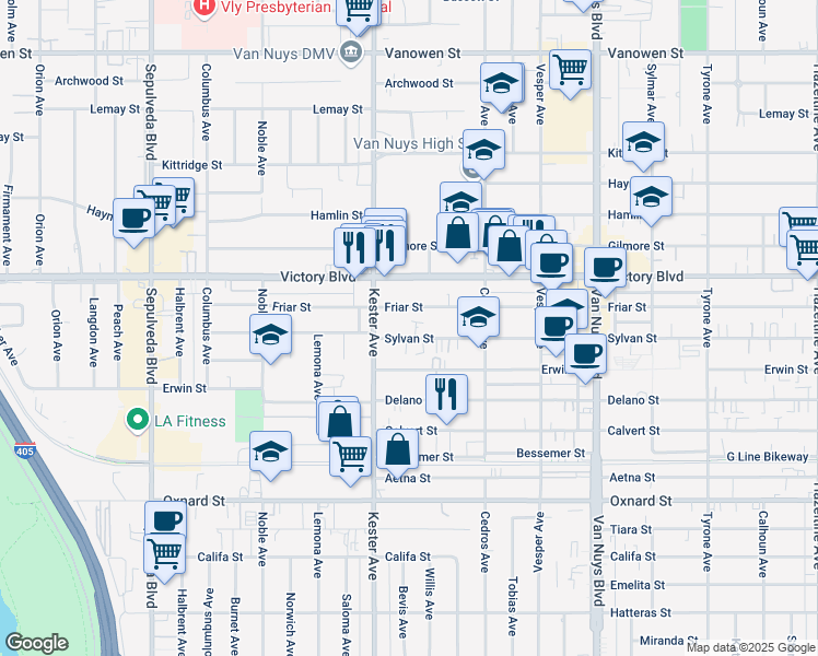 map of restaurants, bars, coffee shops, grocery stores, and more near 14817 Sylvan Street in Los Angeles