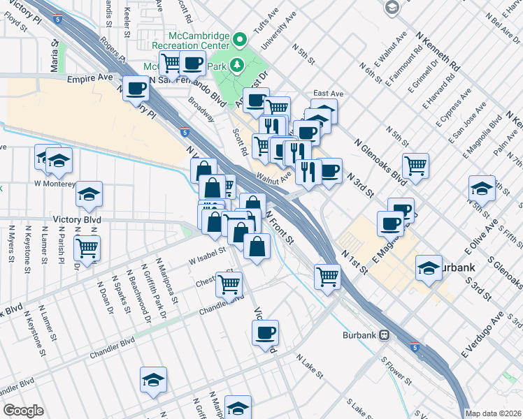 map of restaurants, bars, coffee shops, grocery stores, and more near 2 West Burbank Boulevard in Burbank