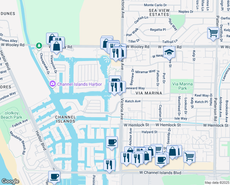 map of restaurants, bars, coffee shops, grocery stores, and more near 1601 Victoria Avenue in Oxnard