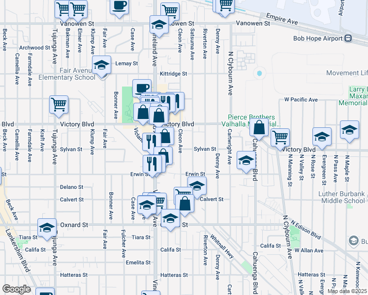 map of restaurants, bars, coffee shops, grocery stores, and more near 6302 Cleon Avenue in Los Angeles