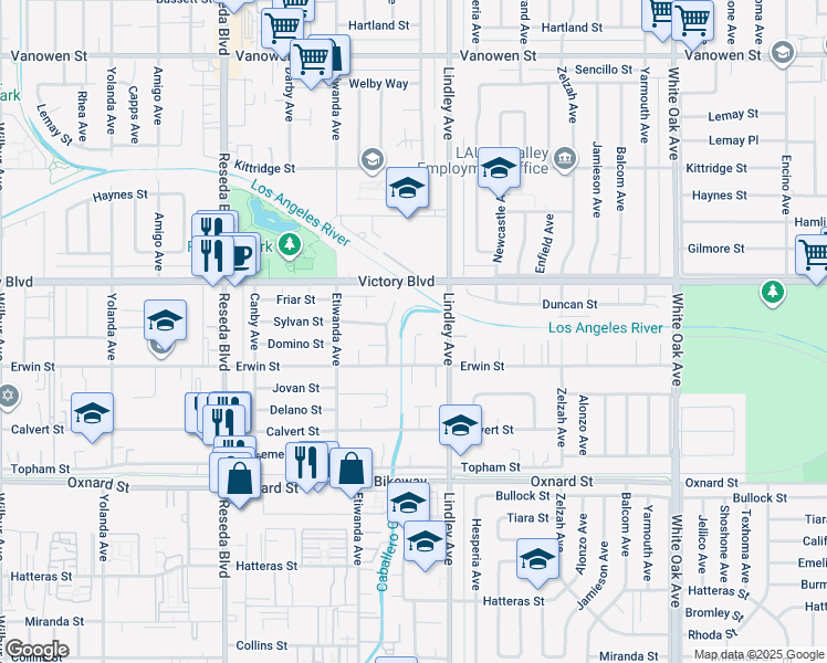 map of restaurants, bars, coffee shops, grocery stores, and more near 6349 Abbey Road in Los Angeles