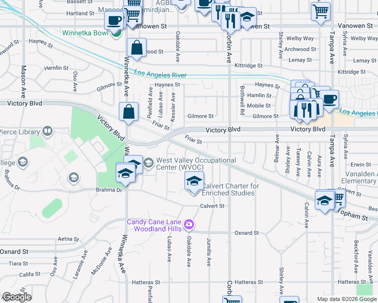 map of restaurants, bars, coffee shops, grocery stores, and more near 6292 Lubao Avenue in Los Angeles