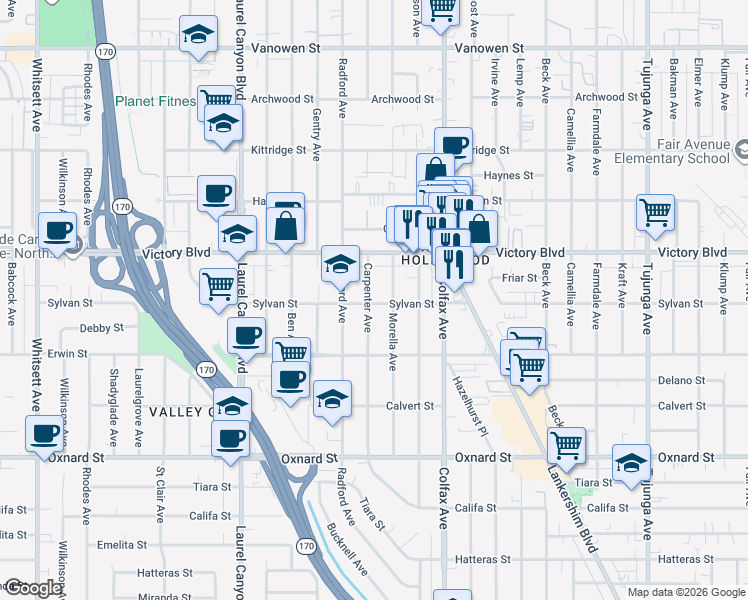 map of restaurants, bars, coffee shops, grocery stores, and more near 6300 Carpenter Avenue in Los Angeles