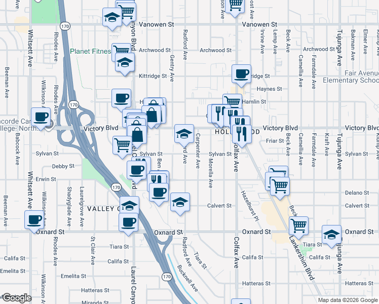 map of restaurants, bars, coffee shops, grocery stores, and more near 6304 Radford Avenue in Los Angeles