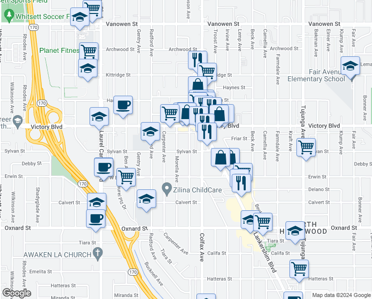 map of restaurants, bars, coffee shops, grocery stores, and more near 6305 Simpson Avenue in Los Angeles