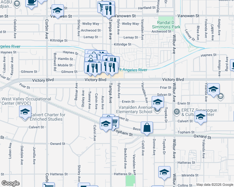 map of restaurants, bars, coffee shops, grocery stores, and more near 6301 Sylvia Avenue in Los Angeles