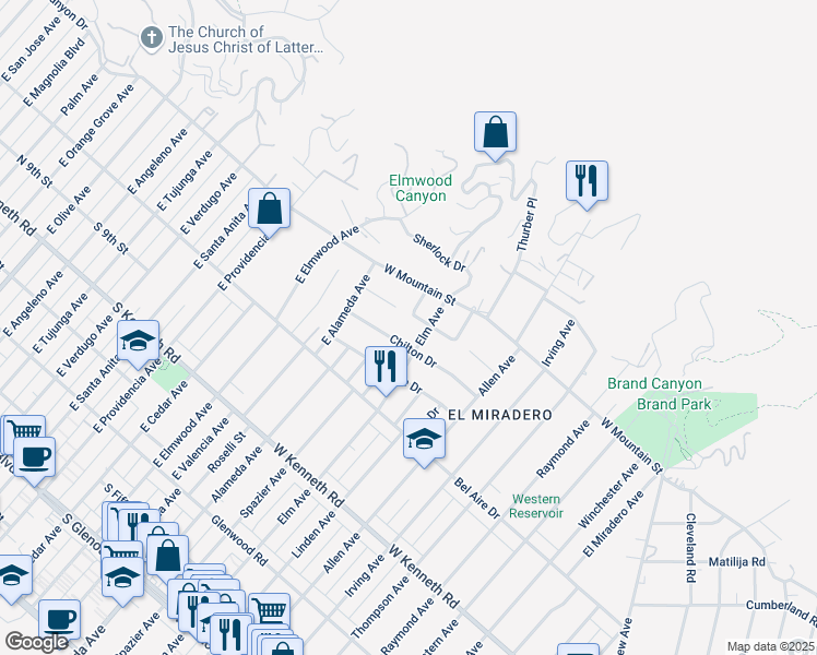 map of restaurants, bars, coffee shops, grocery stores, and more near 2030 Rangeview Drive in Glendale