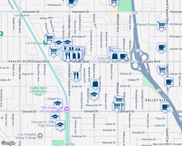 map of restaurants, bars, coffee shops, grocery stores, and more near 6300 Bluebell Avenue in Los Angeles