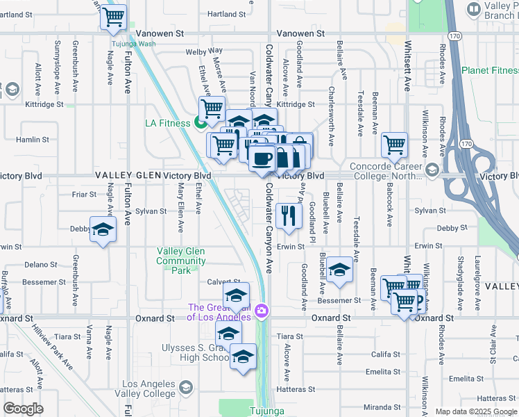 map of restaurants, bars, coffee shops, grocery stores, and more near 6259 Coldwater Canyon Avenue in Los Angeles