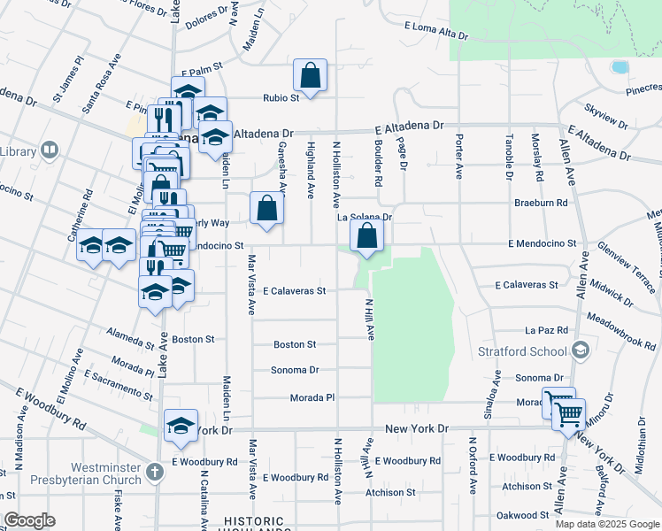 map of restaurants, bars, coffee shops, grocery stores, and more near 2281 North Holliston Avenue in Altadena